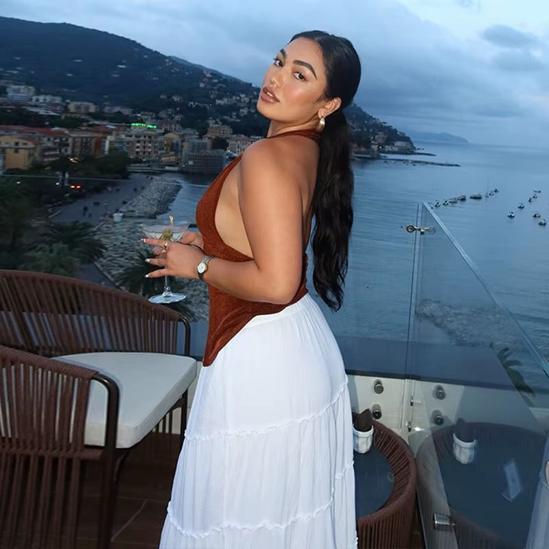 Elegant Halter V Neck Sleeveless Backless Ruched Club Crop Tops Mssza
