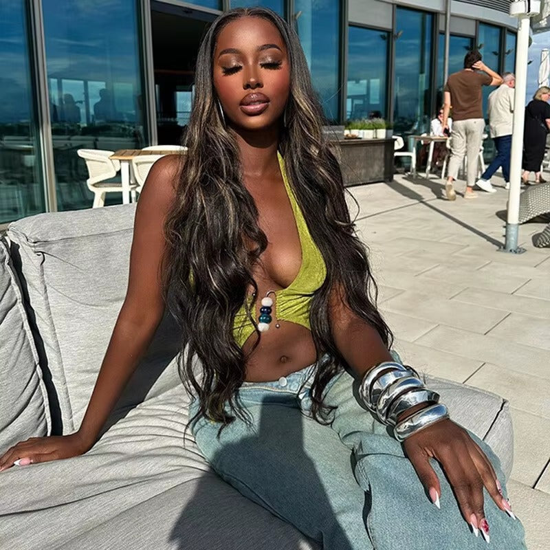 Elegant Halter V Neck Sleeveless Backless Ruched Club Crop Tops Mssza