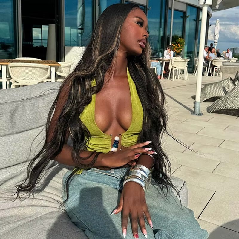 Elegant Halter V Neck Sleeveless Backless Ruched Club Crop Tops Mssza