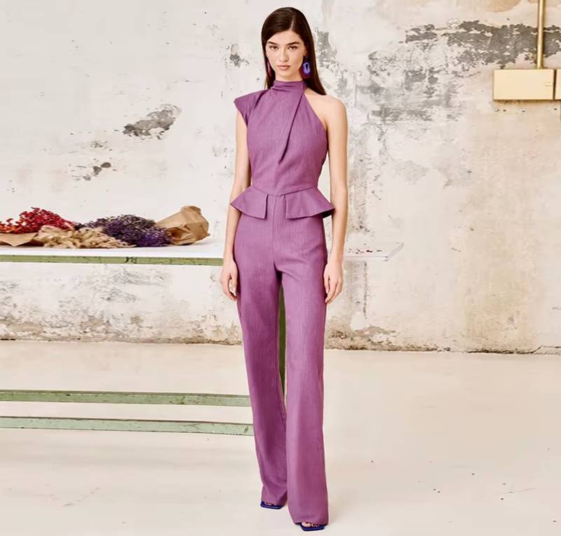 Elegant Halter Waist Cinching Sleeveless Fake Pockets Wide Leg Jumpsuit Mssza