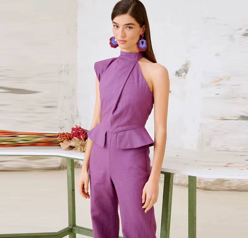 Elegant Halter Waist Cinching Sleeveless Fake Pockets Wide Leg Jumpsuit Mssza