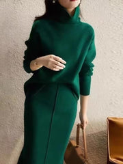 Elegant High Neck Knit Sets Loose Sweater Skirt Sets Dress Mssza