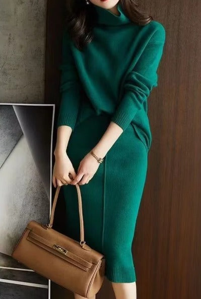 Elegant High Neck Knit Sets Loose Sweater Skirt Sets Dress Mssza