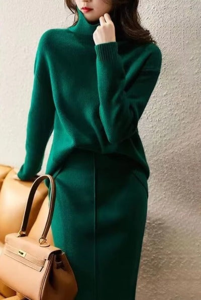 Elegant High Neck Knit Sets Loose Sweater Skirt Sets Dress Mssza