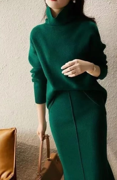 Elegant High Neck Knit Sets Loose Sweater Skirt Sets Dress Mssza