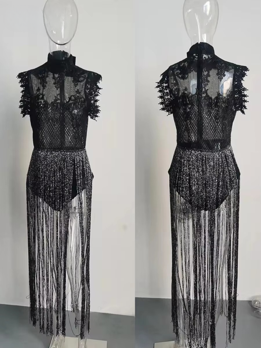 Elegant High Neck Sleeveless Lace Glitter Tassel Playsuits Mssza