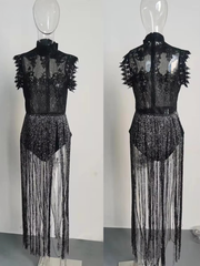 Elegant High Neck Sleeveless Lace Glitter Tassel Playsuits Mssza