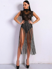 Elegant High Neck Sleeveless Lace Glitter Tassel Playsuits Mssza