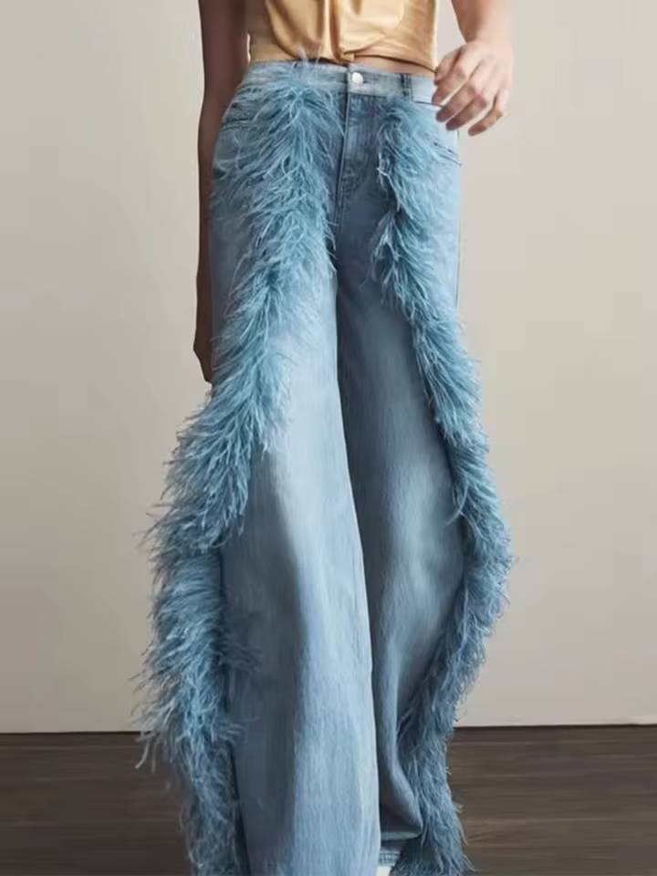 Elegant High Waist Patchwork Button Spliced Feather Wide Leg Jeans Mssza