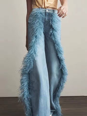 Elegant High Waist Patchwork Button Spliced Feather Wide Leg Jeans Mssza
