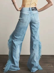 Elegant High Waist Patchwork Button Spliced Feather Wide Leg Jeans Mssza