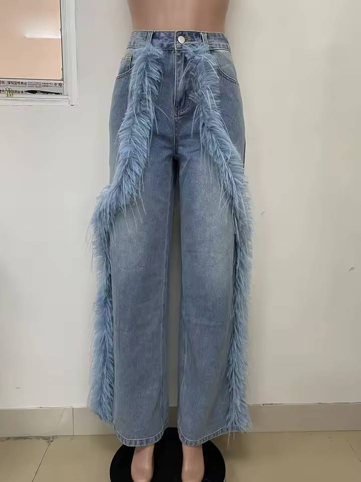 Elegant High Waist Patchwork Button Spliced Feather Wide Leg Jeans Mssza