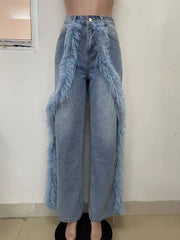 Elegant High Waist Patchwork Button Spliced Feather Wide Leg Jeans Mssza