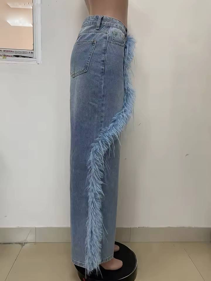Elegant High Waist Patchwork Button Spliced Feather Wide Leg Jeans Mssza