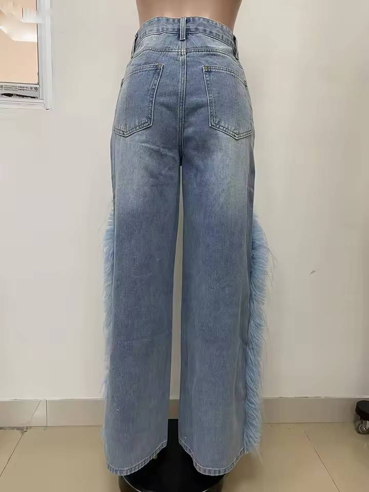 Elegant High Waist Patchwork Button Spliced Feather Wide Leg Jeans Mssza