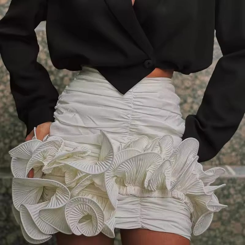 Elegant High Waist Patchwork Ruffle Pleated Lace Short Skirt Mssza