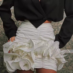 Elegant High Waist Patchwork Ruffle Pleated Lace Short Skirt Mssza