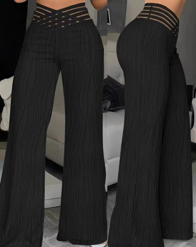 Elegant Hollow Out Cuffed Wide Leg High Waist Straight Party Long Trousers Mssza