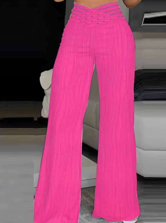 Elegant Hollow Out Cuffed Wide Leg High Waist Straight Party Long Trousers Mssza