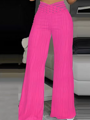 Elegant Hollow Out Cuffed Wide Leg High Waist Straight Party Long Trousers Mssza