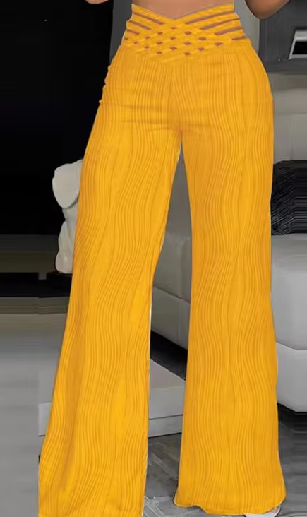 Elegant Hollow Out Cuffed Wide Leg High Waist Straight Party Long Trousers Mssza