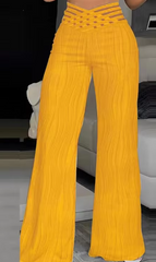 Elegant Hollow Out Cuffed Wide Leg High Waist Straight Party Long Trousers Mssza
