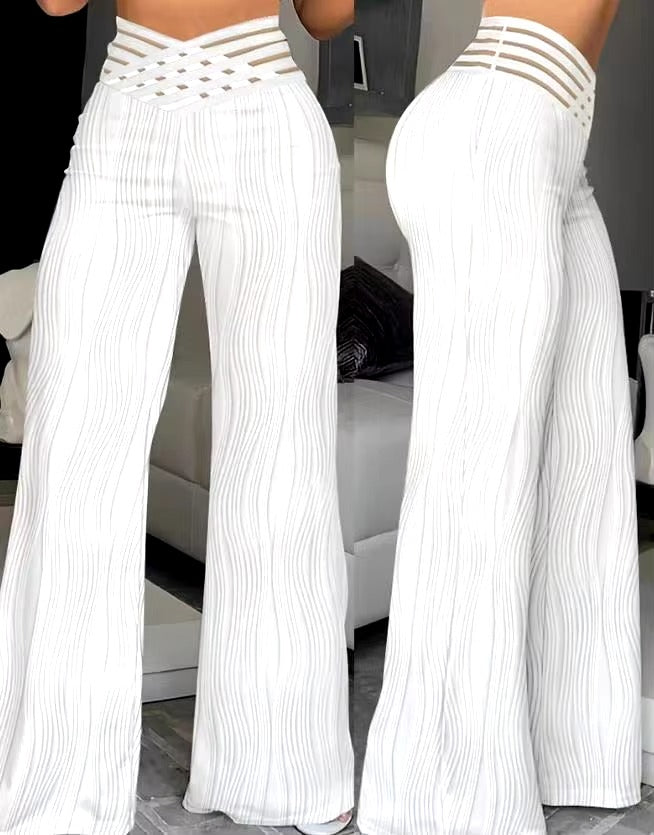 Elegant Hollow Out Cuffed Wide Leg High Waist Straight Party Long Trousers Mssza