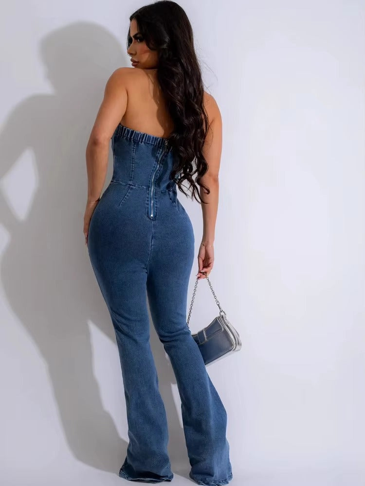 Elegant Hollow-Out Denim Long Pants Rompers Buckle Night Club Jumpsuits Mssza