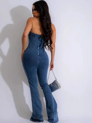 Elegant Hollow-Out Denim Long Pants Rompers Buckle Night Club Jumpsuits Mssza