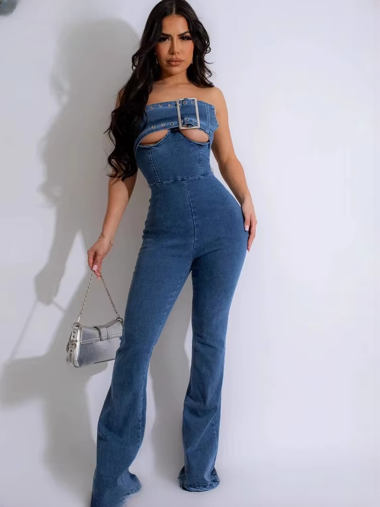 Elegant Hollow-Out Denim Long Pants Rompers Buckle Night Club Jumpsuits Mssza