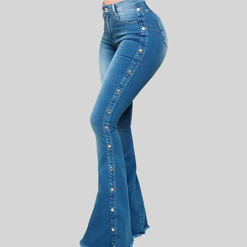 Elegant Hollow Out High Waist Flare Wide Leg Streetwear Denim Trousers Mssza