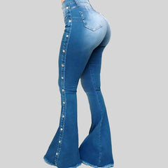 Elegant Hollow Out High Waist Flare Wide Leg Streetwear Denim Trousers Mssza