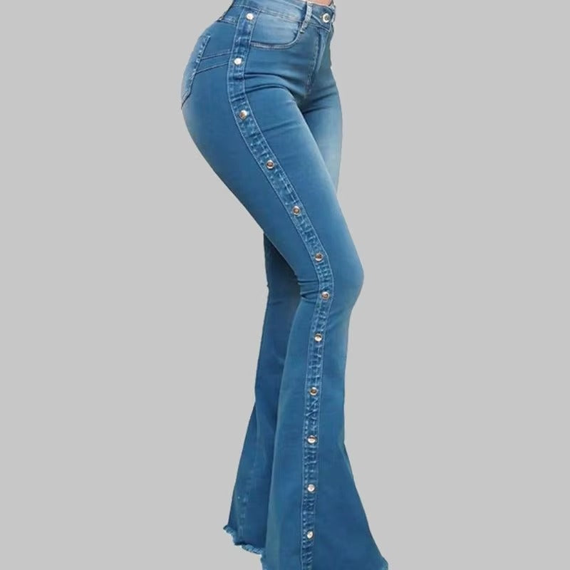 Elegant Hollow Out High Waist Flare Wide Leg Streetwear Denim Trousers Mssza