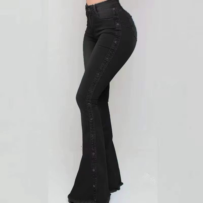 Elegant Hollow Out High Waist Flare Wide Leg Streetwear Denim Trousers Mssza