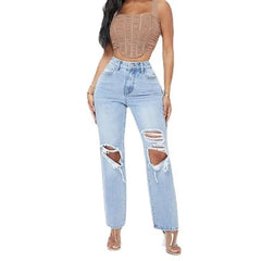 Elegant Hollow Out High Waist Pencil Wide Leg Streetwear Denim Trousers Mssza