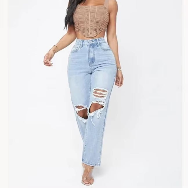 Elegant Hollow Out High Waist Pencil Wide Leg Streetwear Denim Trousers Mssza