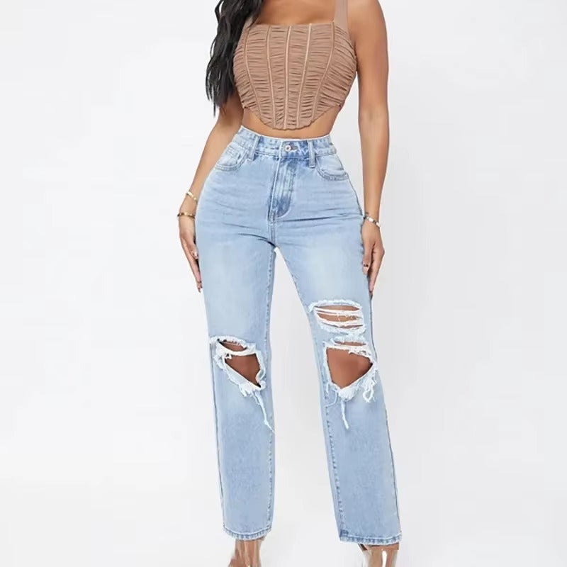 Elegant Hollow Out High Waist Pencil Wide Leg Streetwear Denim Trousers Mssza