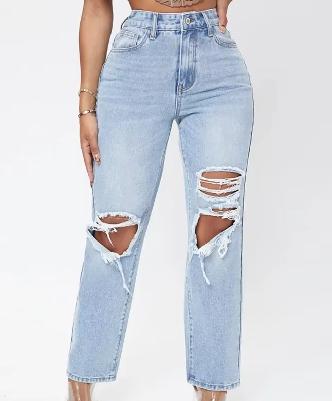 Elegant Hollow Out High Waist Pencil Wide Leg Streetwear Denim Trousers Mssza