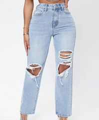 Elegant Hollow Out High Waist Pencil Wide Leg Streetwear Denim Trousers Mssza