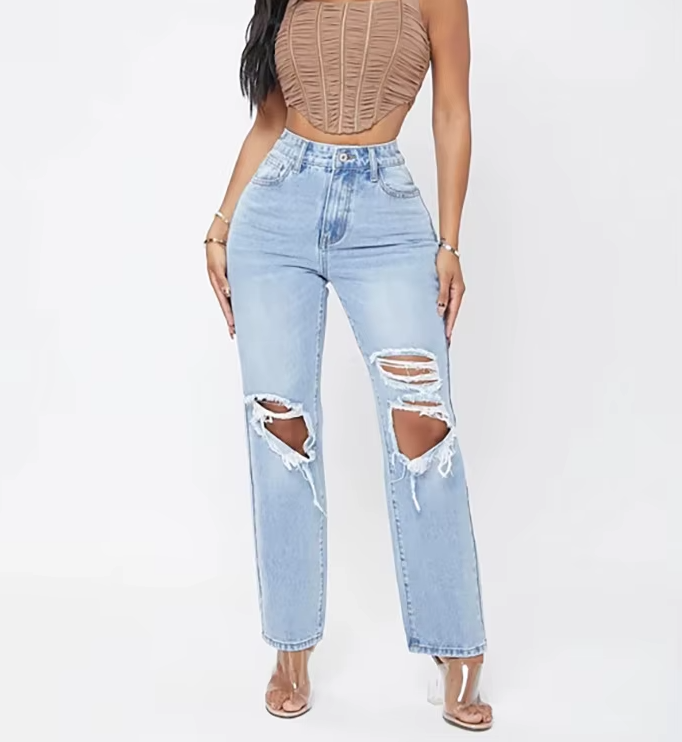 Elegant Hollow Out High Waist Pencil Wide Leg Streetwear Denim Trousers Mssza