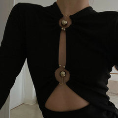 Elegant Hollow Out Long Sleeve Bodysuit Metal Ring Folds Tops Mssza