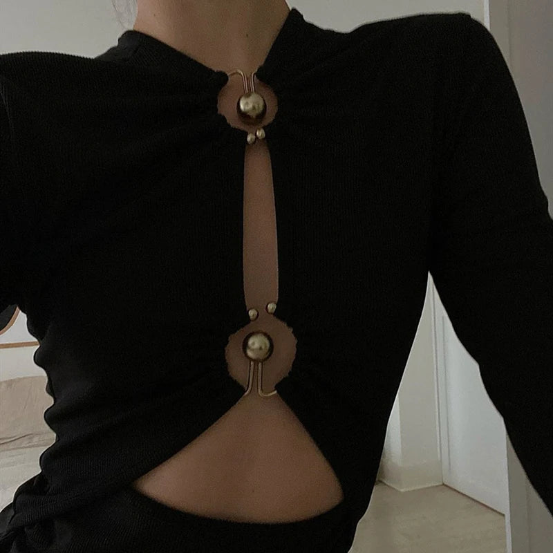Elegant Hollow Out Long Sleeve Bodysuit Metal Ring Folds Tops Mssza