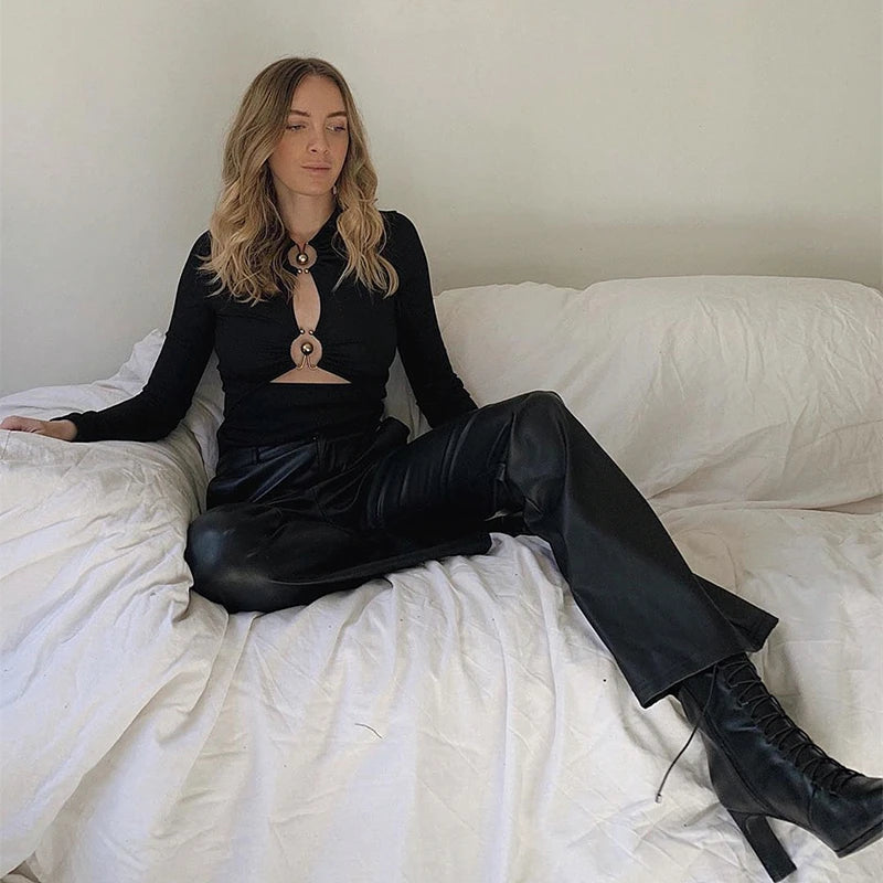 Elegant Hollow Out Long Sleeve Bodysuit Metal Ring Folds Tops Mssza