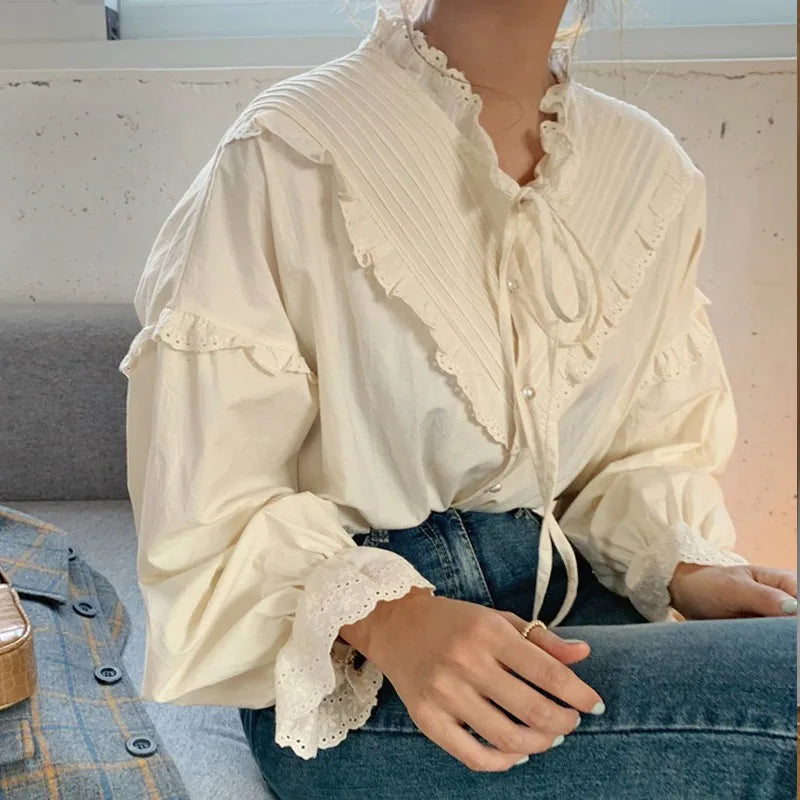 Elegant Hollow Out Long Sleeve Lace Loose Non Stretch Blouse Mssza