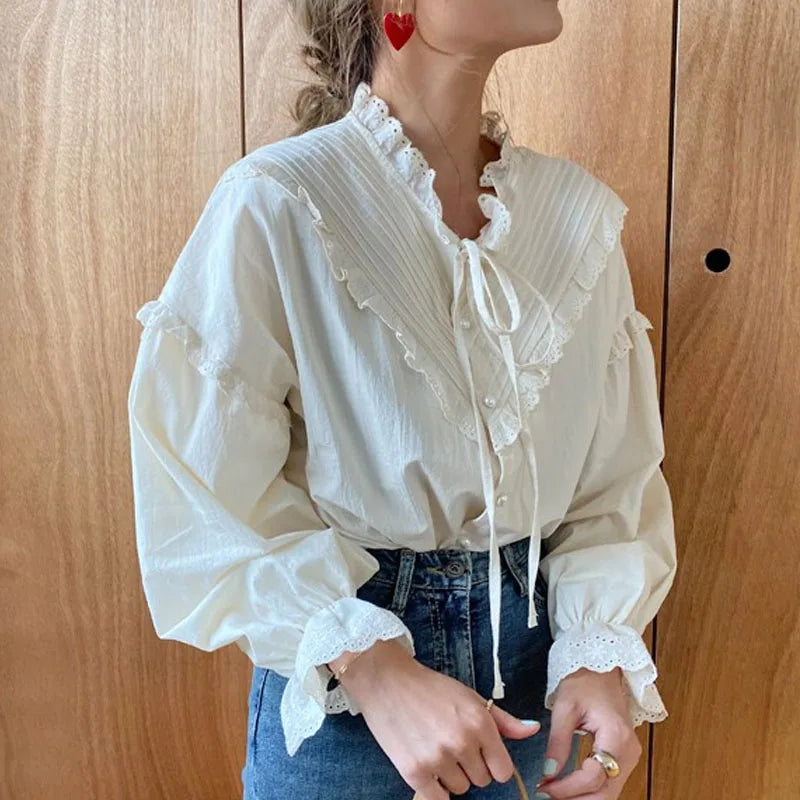 Elegant Hollow Out Long Sleeve Lace Loose Non Stretch Blouse Mssza