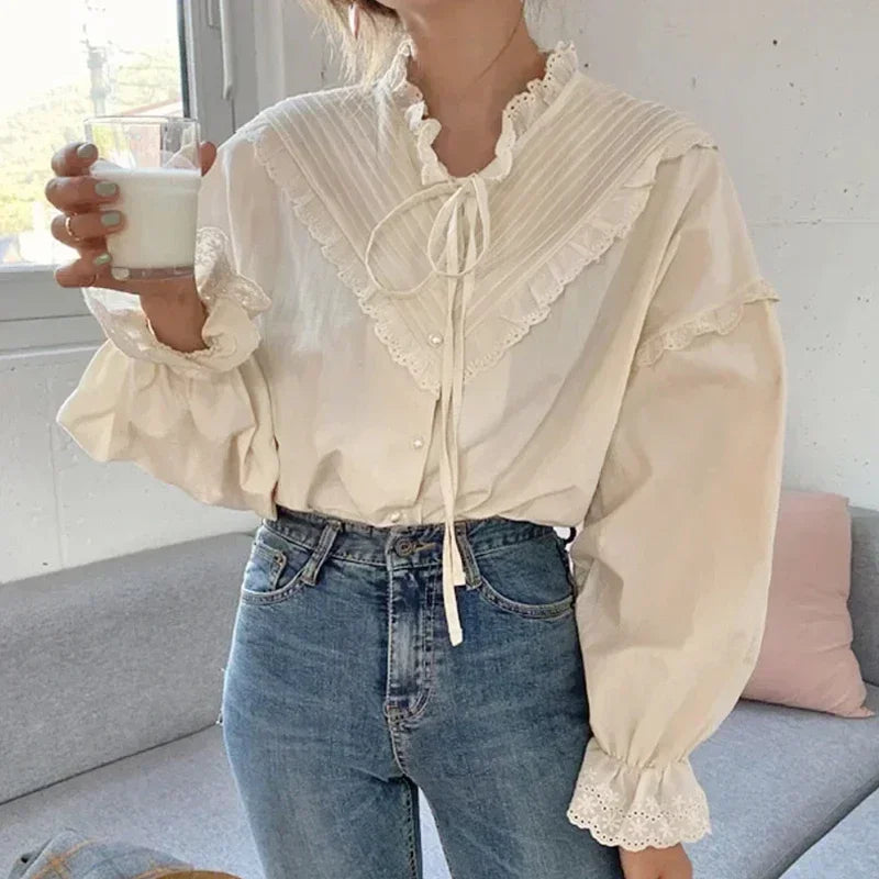 Elegant Hollow Out Long Sleeve Lace Loose Non Stretch Blouse Mssza