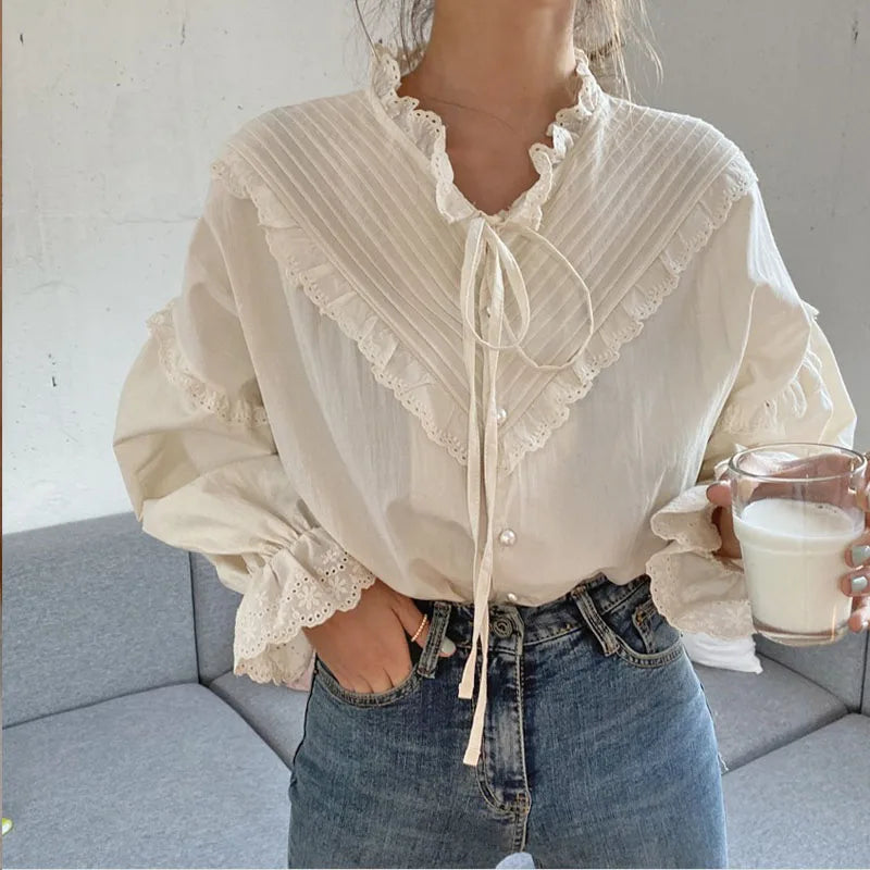Elegant Hollow Out Long Sleeve Lace Loose Non Stretch Blouse Mssza