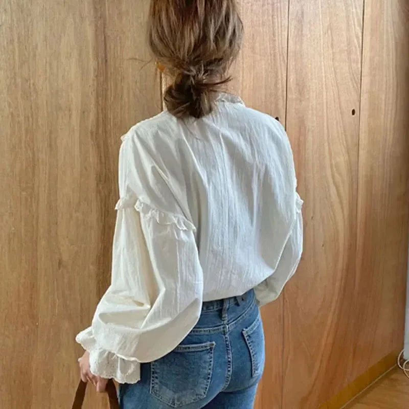 Elegant Hollow Out Long Sleeve Lace Loose Non Stretch Blouse Mssza