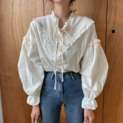 Elegant Hollow Out Long Sleeve Lace Loose Non Stretch Blouse Mssza