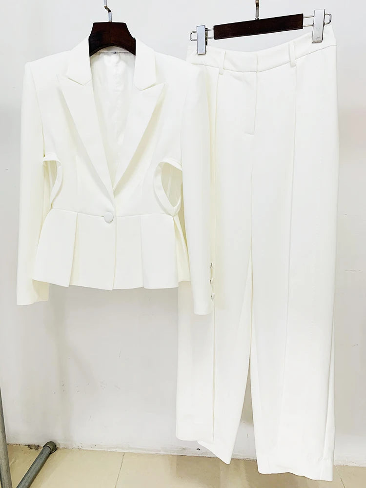 Elegant Hollow Out Single Button Blazer Slit Pants Designer Suit Set Mssza